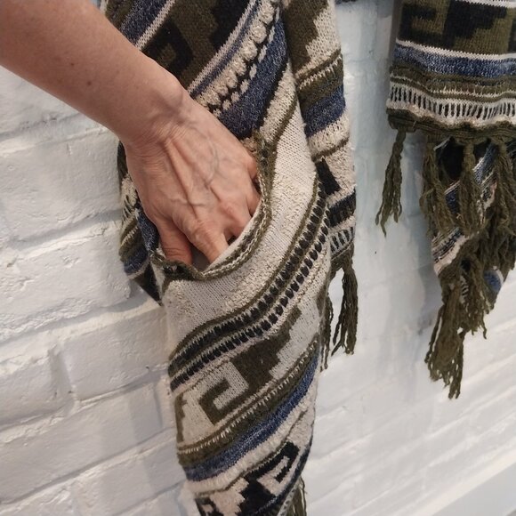 J Jill Open Sweater Cardigan XL Green Blue Southwest Aztec Fringe Wool Blend - Picture 2 of 12
